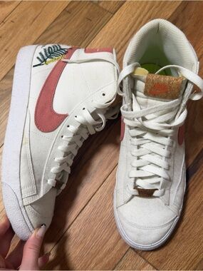 Nike White High-Top Sneakers with Coral Swoosh and Green Embroidery